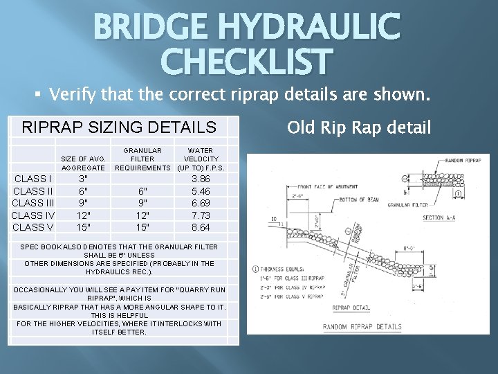 BRIDGE HYDRAULIC CHECKLIST § Verify that the correct riprap details are shown. RIPRAP SIZING