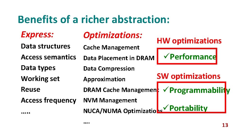 Benefits of a richer abstraction: Express: Optimizations: Data structures Access semantics Data types Working