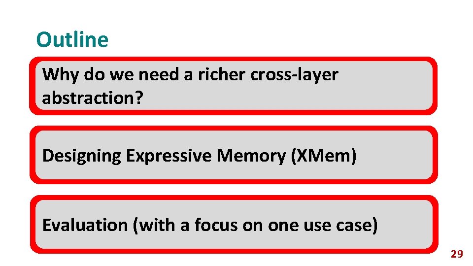 Outline Why do we need a richer cross-layer abstraction? Designing Expressive Memory (XMem) Evaluation