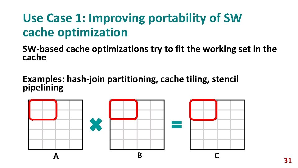 Use Case 1: Improving portability of SW cache optimization SW-based cache optimizations try to