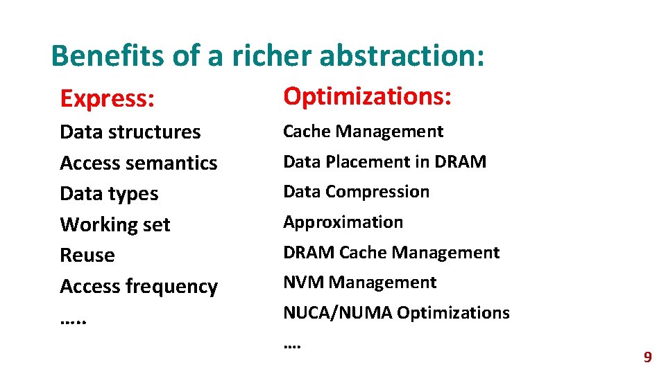 Benefits of a richer abstraction: Express: Optimizations: Data structures Access semantics Data types Working