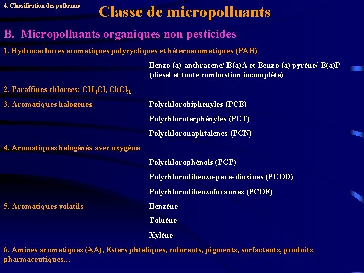 4. Classification des polluants Classe de micropolluants B. Micropolluants organiques non pesticides 1. Hydrocarbures