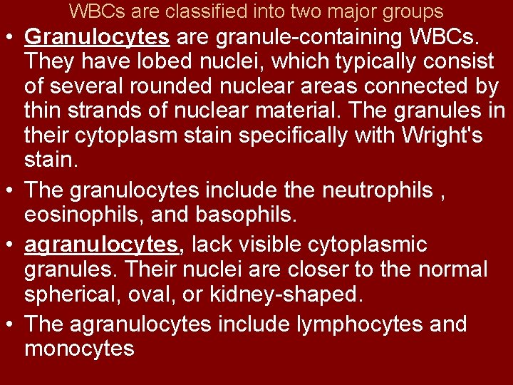 WBCs are classified into two major groups • Granulocytes are granule containing WBCs. They