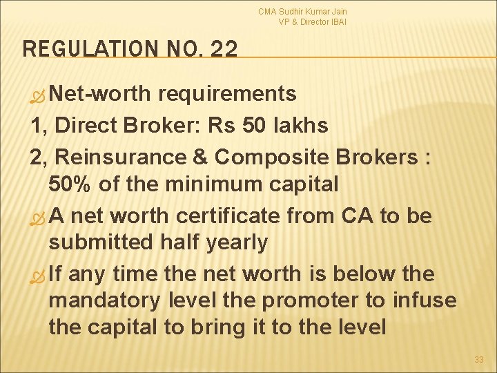 CMA Sudhir Kumar Jain VP & Director IBAI REGULATION NO. 22 Net-worth requirements 1,