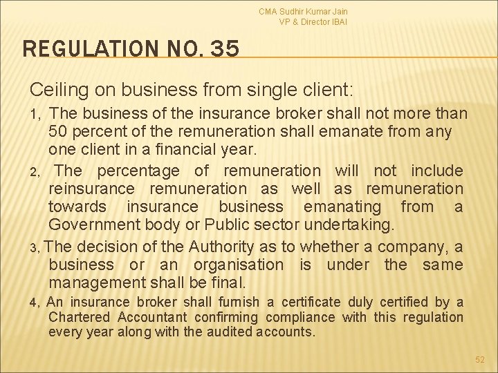 CMA Sudhir Kumar Jain VP & Director IBAI REGULATION NO. 35 Ceiling on business