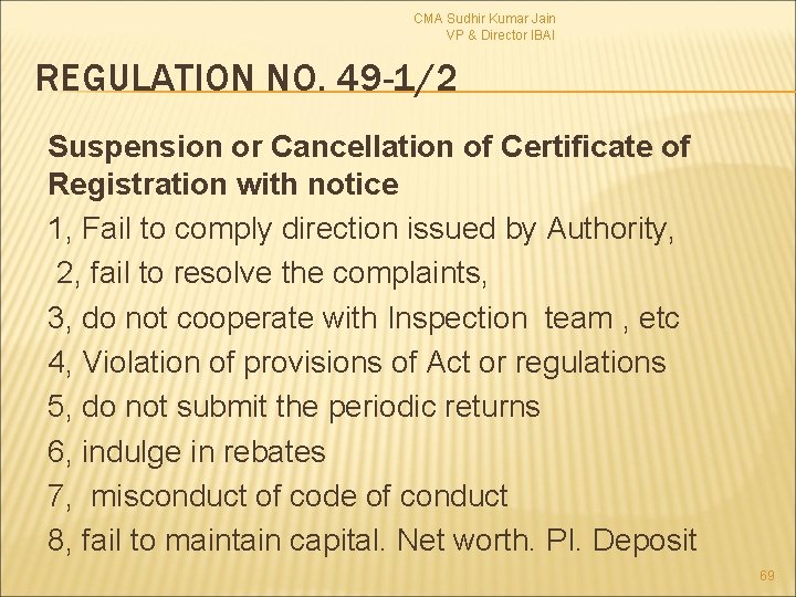 CMA Sudhir Kumar Jain VP & Director IBAI REGULATION NO. 49 -1/2 Suspension or