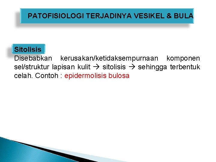 PATOFISIOLOGI TERJADINYA VESIKEL & BULA Sitolisis Disebabkan kerusakan/ketidaksempurnaan komponen sel/struktur lapisan kulit sitolisis sehingga PATOFISIOLOGI TERJADINYA VESIKEL & BULA Sitolisis Disebabkan kerusakan/ketidaksempurnaan komponen sel/struktur lapisan kulit sitolisis sehingga