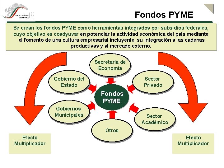 Fondos PYME Se crean los fondos PYME como herramientas integrados por subsidios federales, cuyo