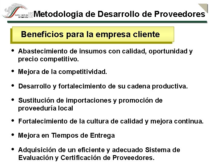 Metodología de Desarrollo de Proveedores Beneficios para la empresa cliente Abastecimiento de insumos con