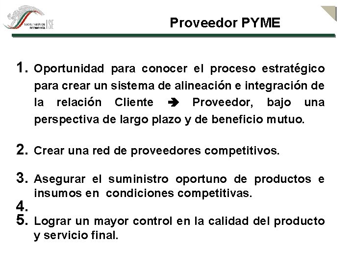 Proveedor PYME 1. Oportunidad para conocer el proceso estratégico para crear un sistema de