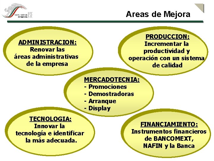 Areas de Mejora ADMINISTRACION: Renovar las áreas administrativas de la empresa PRODUCCION: Incrementar la