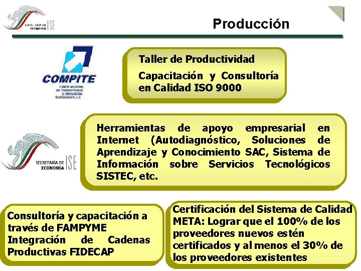 Producción Taller de Productividad Capacitación y Consultoría en Calidad ISO 9000 Herramientas de apoyo