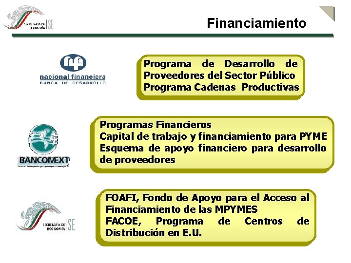 Financiamiento Programa de Desarrollo de Proveedores del Sector Público Programa Cadenas Productivas Programas Financieros