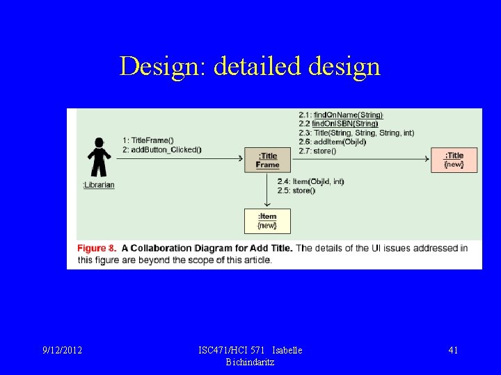 Design: detailed design 9/12/2012 ISC 471/HCI 571 Isabelle Bichindaritz 41 