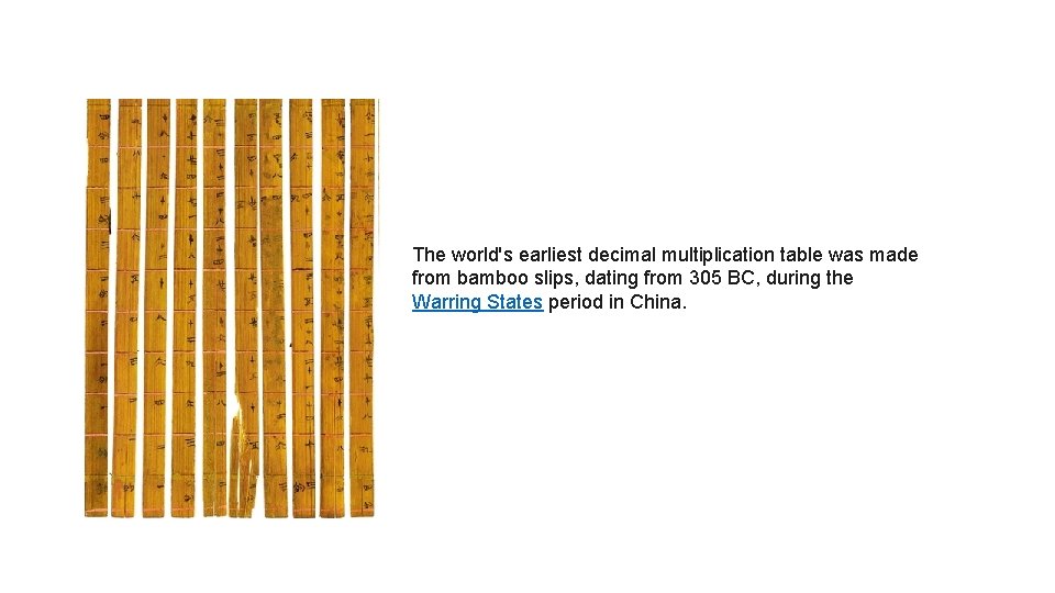 The world's earliest decimal multiplication table was made from bamboo slips, dating from 305