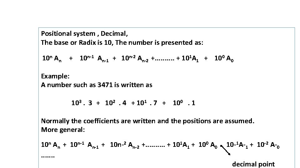 Positional system , Decimal, The base or Radix is 10, The number is presented