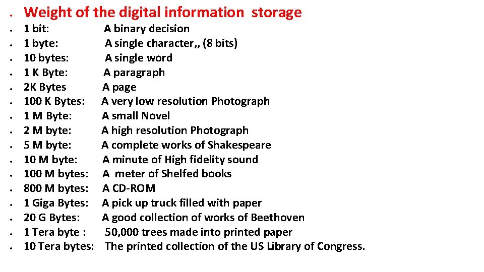  Weight of the digital information storage 1 bit: A binary decision 1 byte: