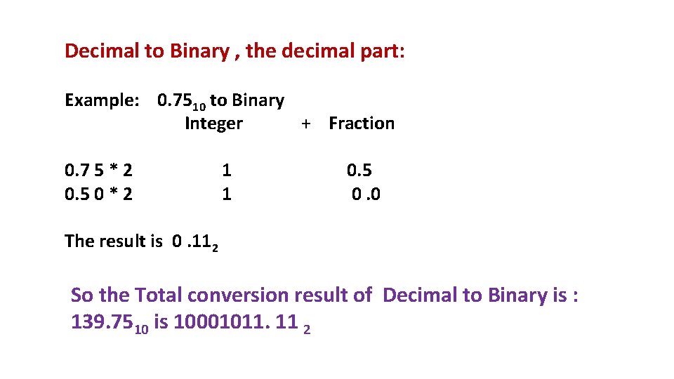 Decimal to Binary , the decimal part: Example: 0. 7510 to Binary Integer +