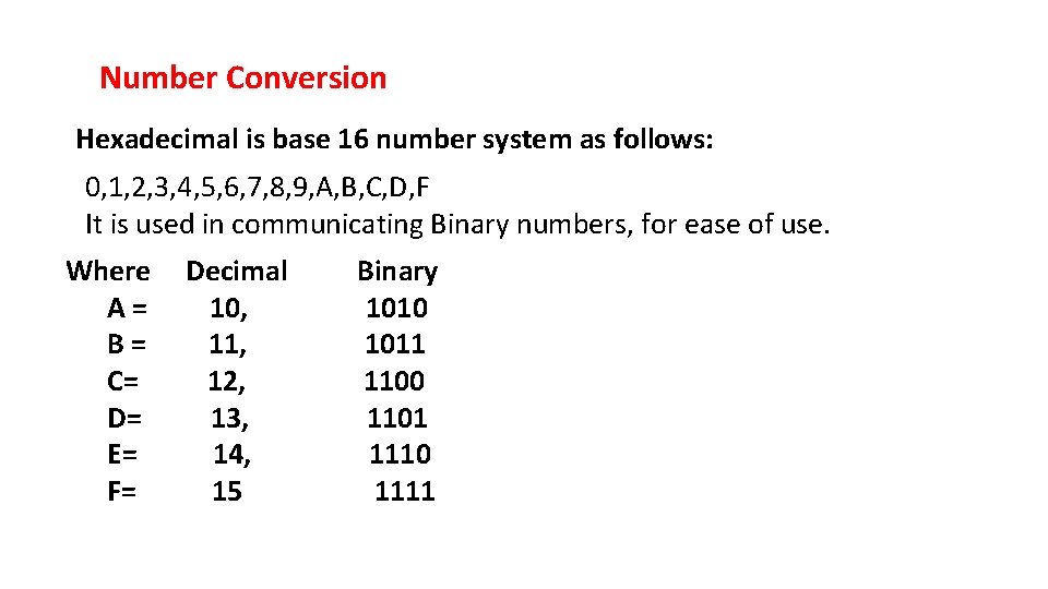 Number Conversion Hexadecimal is base 16 number system as follows: 0, 1, 2, 3,