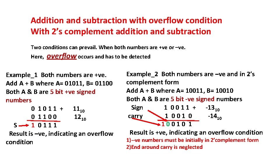 Addition and subtraction with overflow condition With 2’s complement addition and subtraction Two conditions