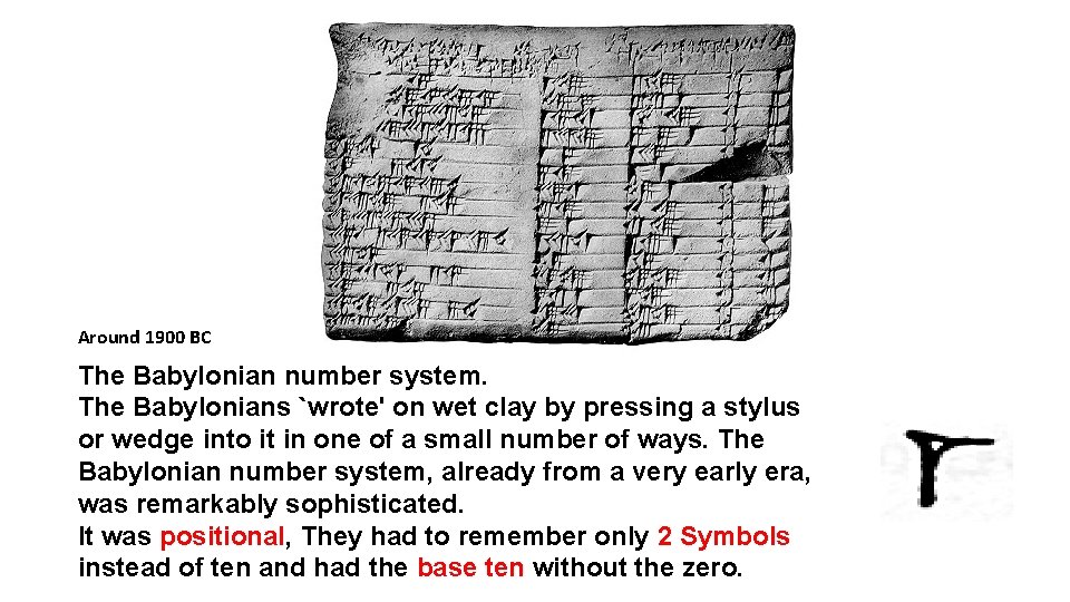 Around 1900 BC The Babylonian number system. The Babylonians `wrote' on wet clay by