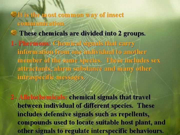 It is the most common way of insect communication. These chemicals are divided into