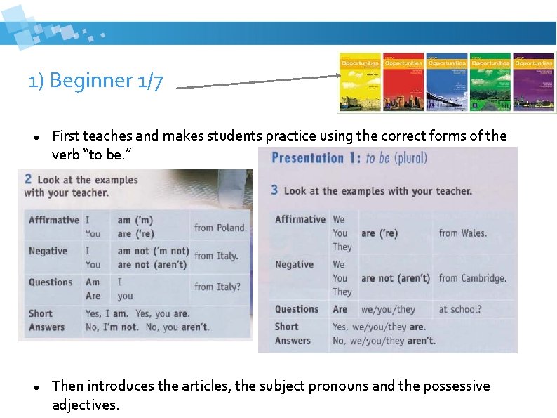 1) Beginner 1/7 First teaches and makes students practice using the correct forms of