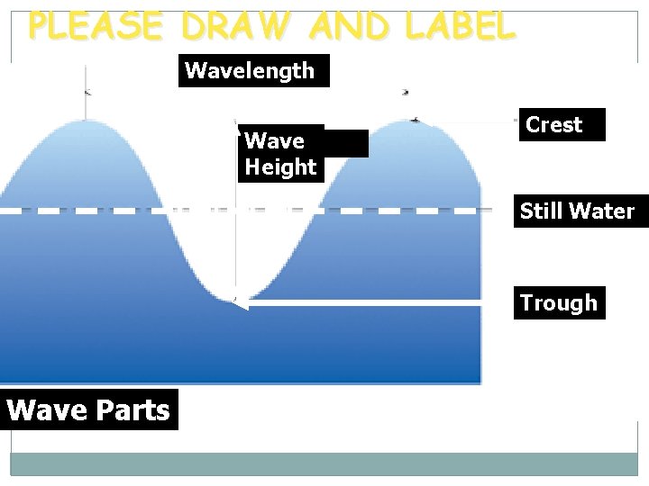 PLEASE DRAW AND LABEL Wavelength Wave Height Crest Still Water Trough Wave Parts 