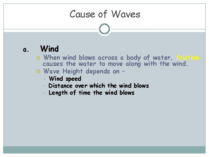 Cause of Waves a. Wind When wind blows across a body of water, friction