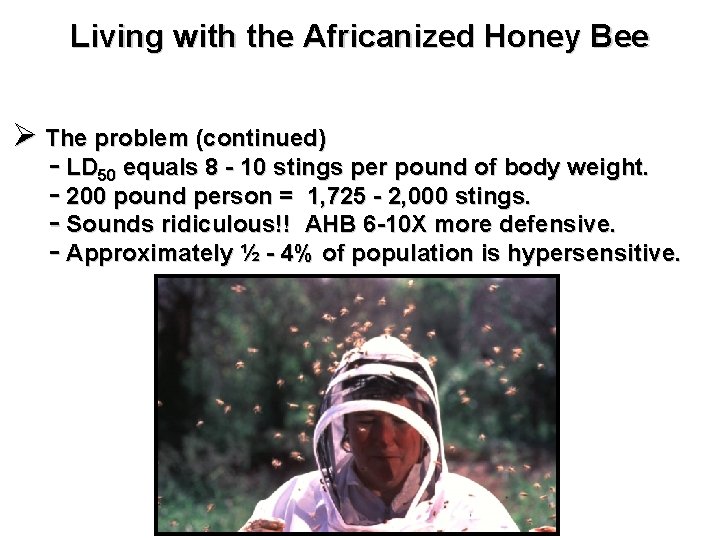 Living with the Africanized Honey Bee Ø The problem (continued) - LD 50 equals