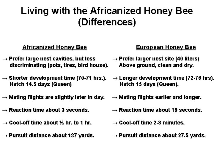 Living with the Africanized Honey Bee (Differences) Africanized Honey Bee European Honey Bee →