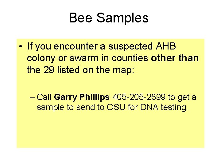 Bee Samples • If you encounter a suspected AHB colony or swarm in counties