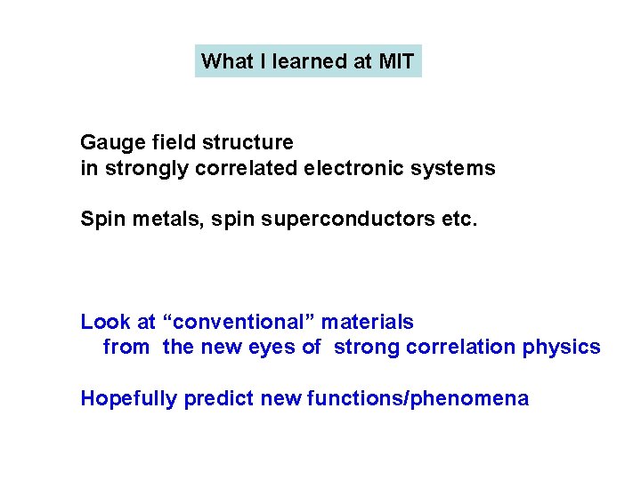 What I learned at MIT Gauge field structure in strongly correlated electronic systems Spin