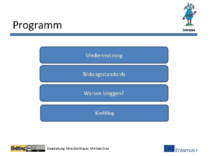 Programm Mediennutzung Bildungsstandards Warum bloggen? IDe. RBlog Bearbeitung: Nina Steinhauer, Michael Gros 