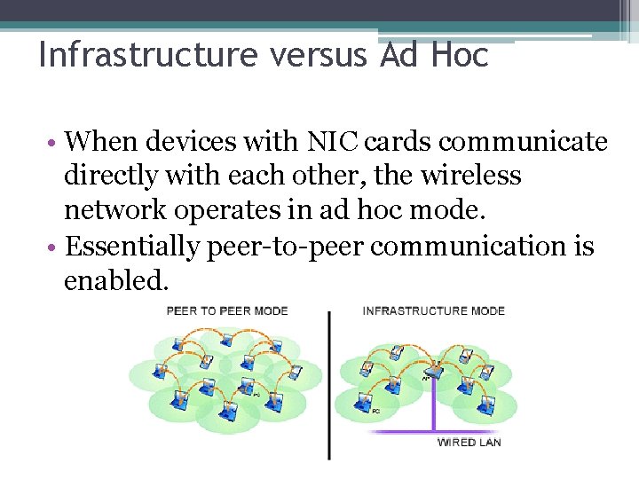 Infrastructure versus Ad Hoc • When devices with NIC cards communicate directly with each