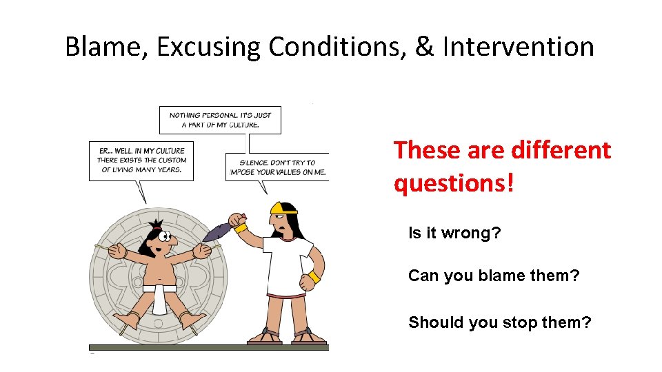 Blame, Excusing Conditions, & Intervention These are different questions! Is it wrong? Can you