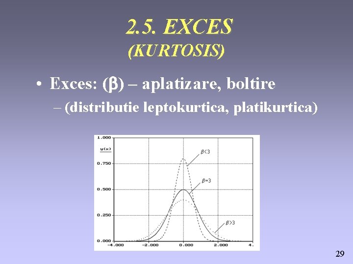 2. 5. EXCES (KURTOSIS) • Exces: (b) – aplatizare, boltire – (distributie leptokurtica, platikurtica)