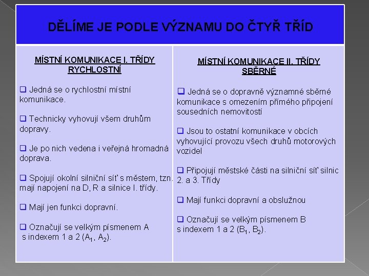 DĚLÍME JE PODLE VÝZNAMU DO ČTYŘ TŘÍD MÍSTNÍ KOMUNIKACE I. TŘÍDY RYCHLOSTNÍ q Jedná