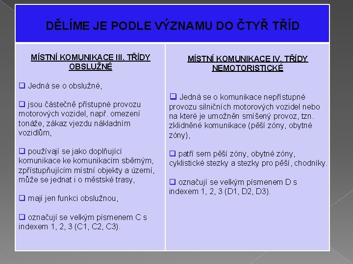 DĚLÍME JE PODLE VÝZNAMU DO ČTYŘ TŘÍD MÍSTNÍ KOMUNIKACE III. TŘÍDY OBSLUŽNÉ MÍSTNÍ KOMUNIKACE