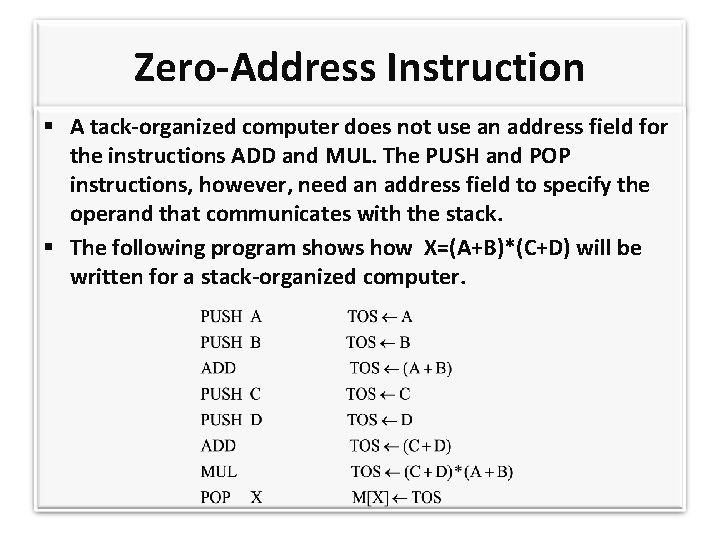 Zero-Address Instruction A tack-organized computer does not use an address field for the instructions