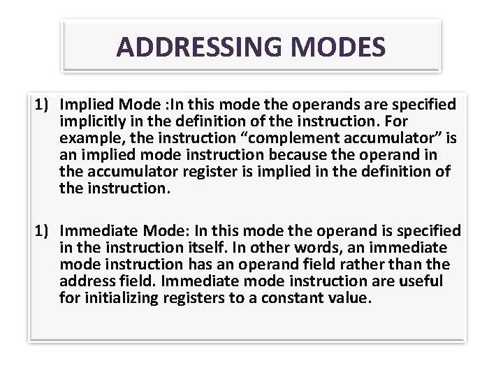 ADDRESSING MODES 1) Implied Mode : In this mode the operands are specified implicitly