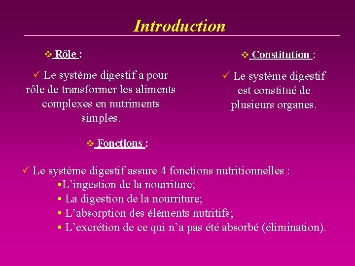 Introduction v Rôle : v Constitution : ü Le système digestif a pour ü