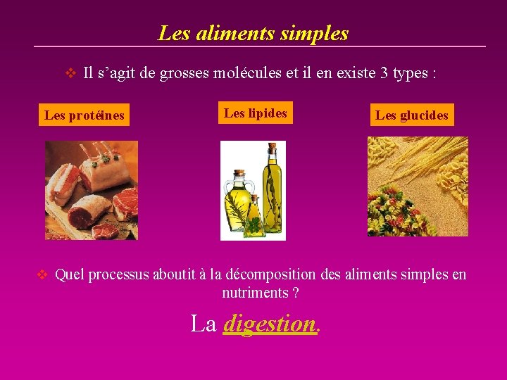 Les aliments simples v Il s’agit de grosses molécules et il en existe 3