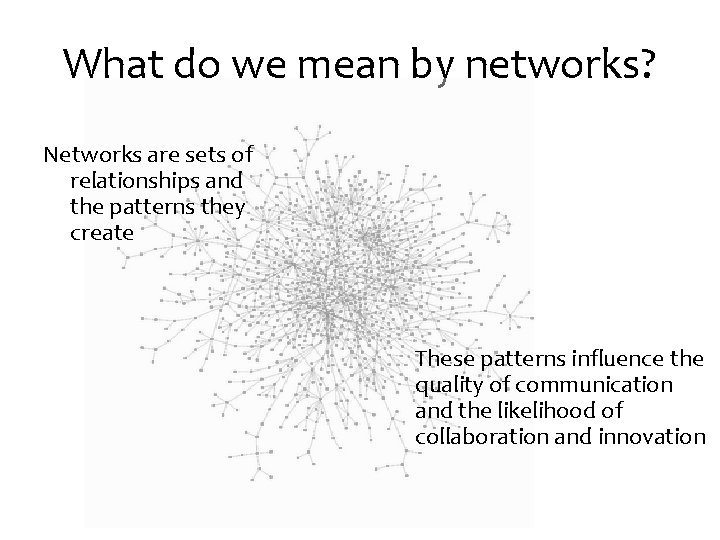 What do we mean by networks? Networks are sets of relationships and the patterns