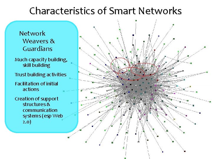 Characteristics of Smart Networks Network Weavers & Guardians Much capacity building, skill building Trust