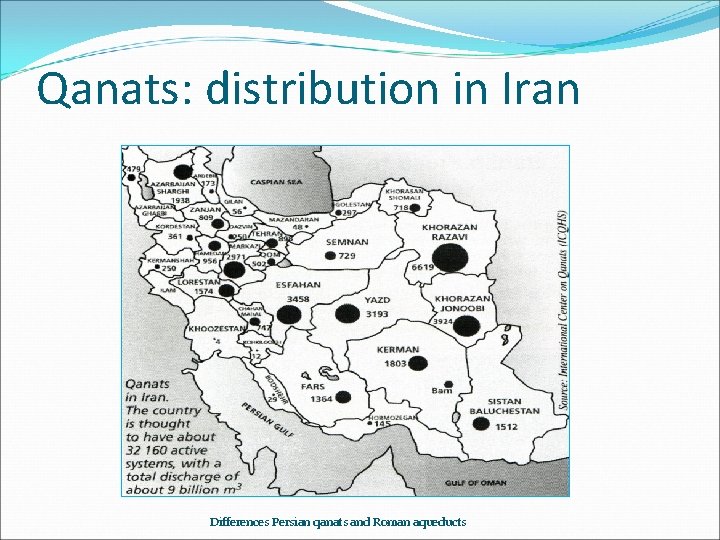 Qanats: distribution in Iran Differences Persian qanats and Roman aqueducts 