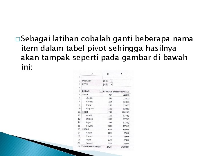 � Sebagai latihan cobalah ganti beberapa nama item dalam tabel pivot sehingga hasilnya akan