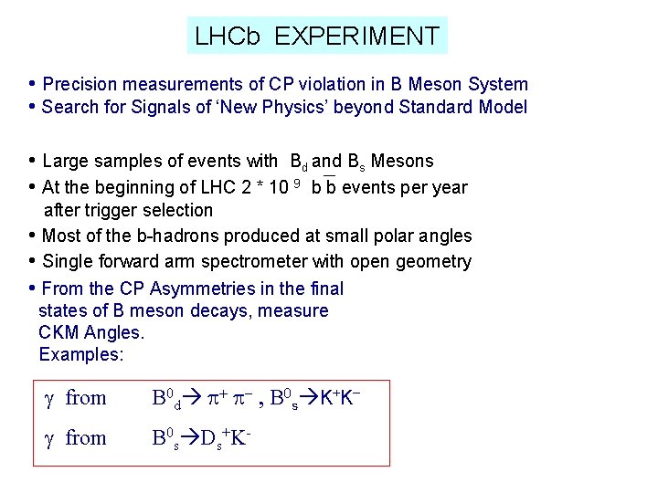 LHCb EXPERIMENT • Precision measurements of CP violation in B Meson System • Search