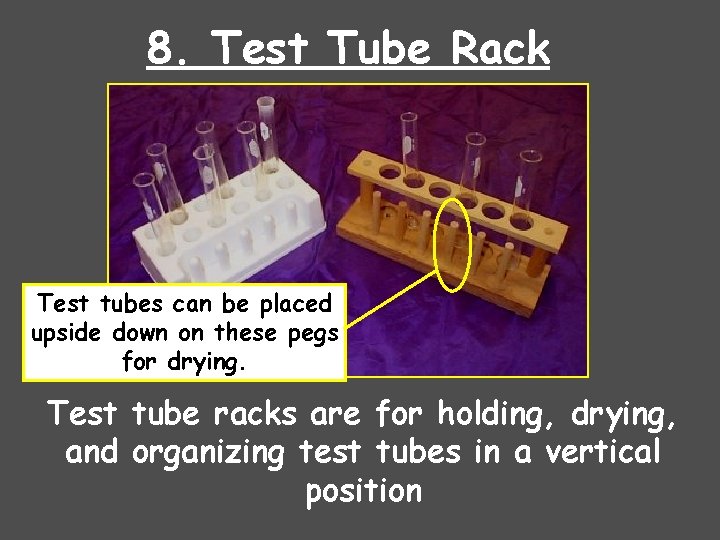 8. Test Tube Rack Test tubes can be placed upside down on these pegs
