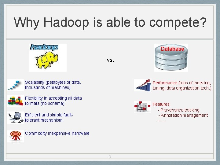 Why Hadoop is able to compete? Database vs. Scalability (petabytes of data, thousands of